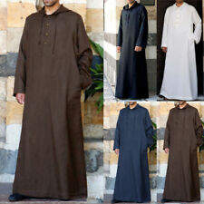 US STOCK Men Long Sleeve Muslim 100%Cotton Kaftan Saudi Jubba Hooded Thobe Dress