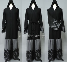 Dubai Abaya Open Kimono Cardigan Muslim Women Maxi Dress Two Tone Black Gray
