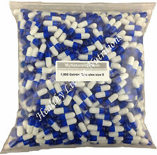 1000 EMPTY GELATIN CAPSULES gel ~SIZE 0 ~ Colored White/Blue (Kosher/Halal)