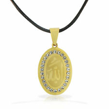 Stainless Steel Yellow Gold-Tone White CZ Muslim Islam Allah Pendant Necklace