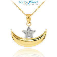 14k Gold Diamond Crescent Moon and Star Islamic Pendant Necklace