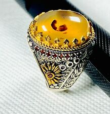 Authentic Yellow Agate Yemeni Saffron With Zircon Sterling Silver Ring 9.5 US