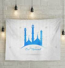 Islamic Holiday Wall Decor | Eid Mubarak Cloth Tapestry 51x59in | Blue & White