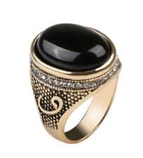 Turkish Islamic 925 Silver w/gold Ring sz 8 Natural Black Agate Gem Vintage Men